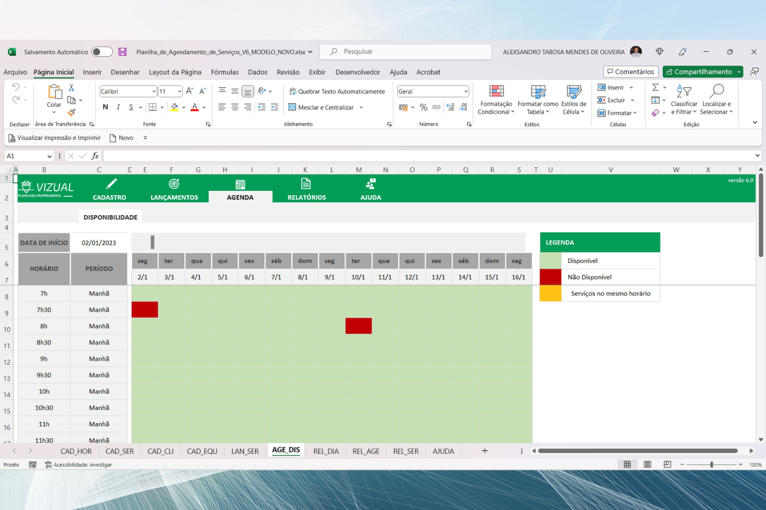 Planilha de Agendamento de Serviços em Excel 6.0