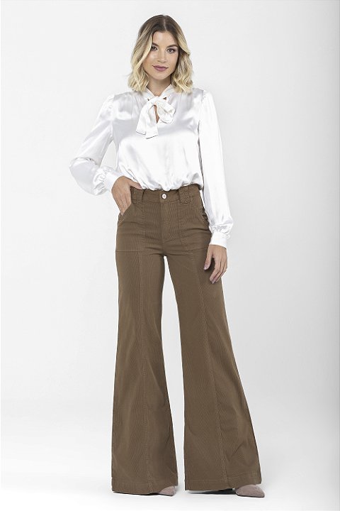 Calça Pantalona Sarja Cotelê Marrom - Faro