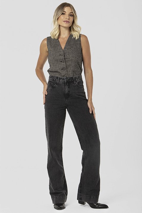 Calça Wide Leg Jeans Preta Estonada - Oslo