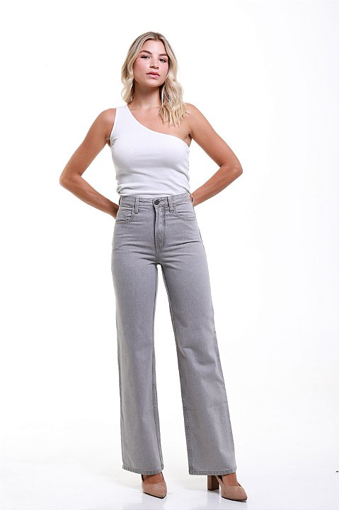 Calça Wide Leg Sarja Cinza - Jaú