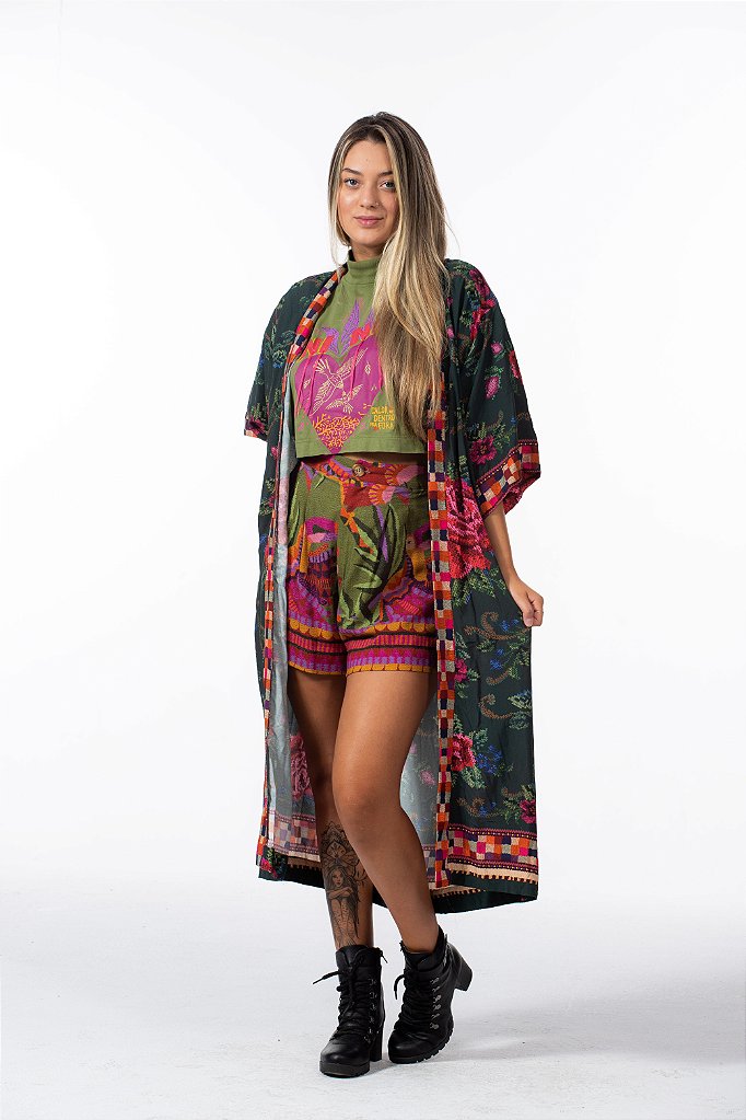 Kimono Longo Estampado Flor Realeza Farm - Gardênia Store - Gardênia Store  - Moda feminina