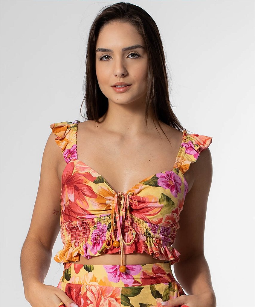 Blusa Cropped Farm Estampa Lia Amarela | Verão Farm 23 - Gardênia Store -  Moda feminina