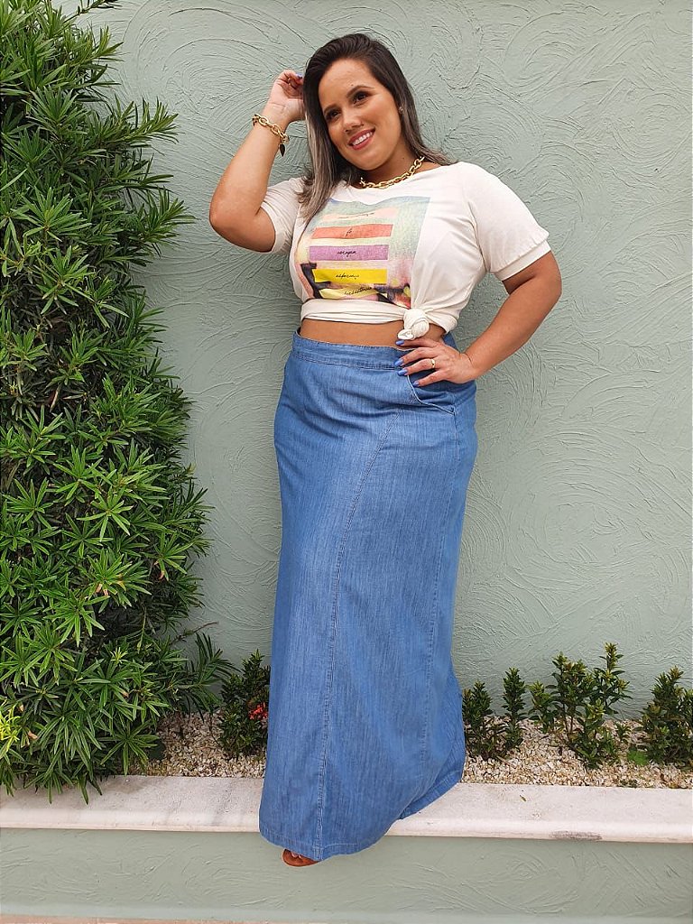 saia jeans longa com fenda lateral