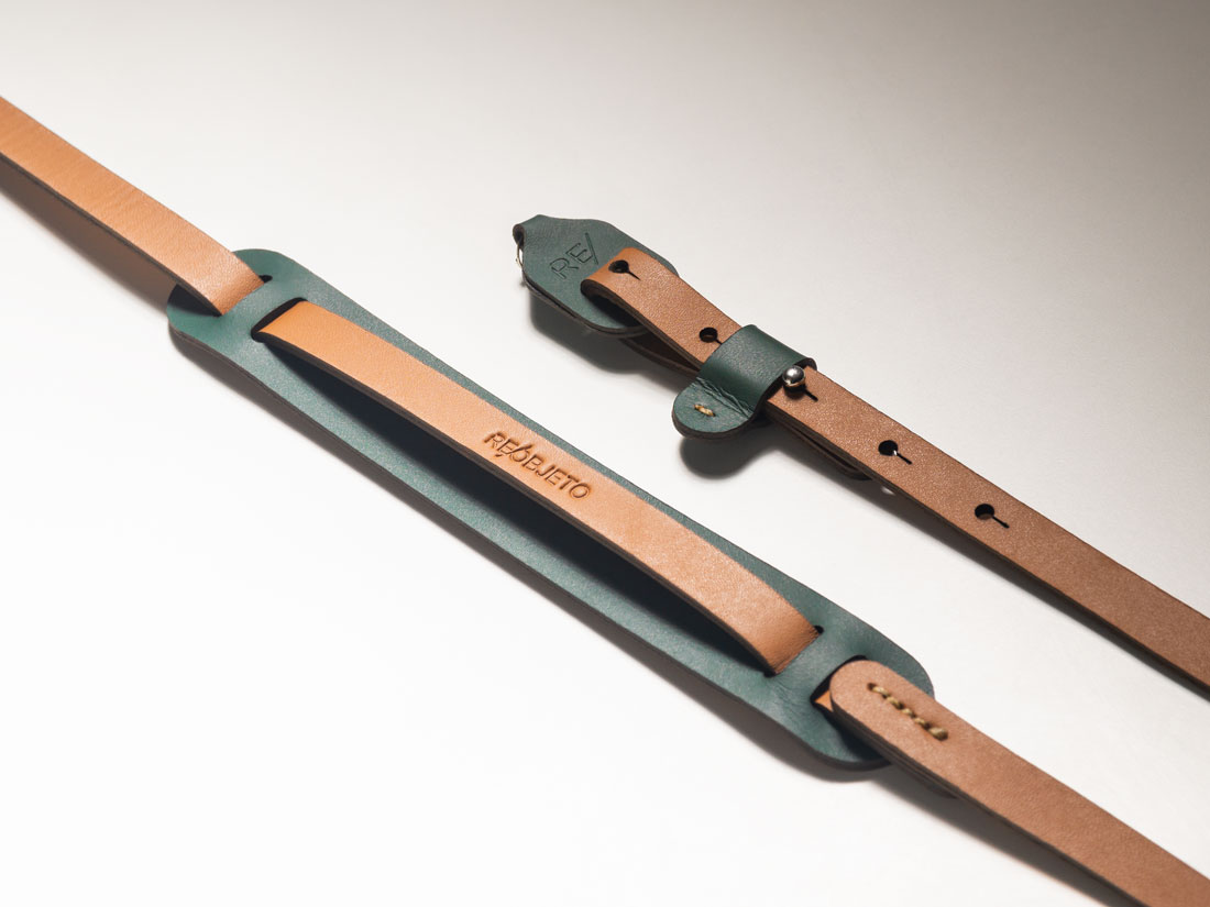 Alça para câmera fotográfica em couro legítimo verde e caramelo.