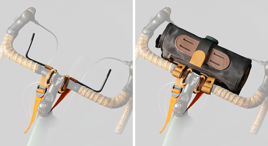O suporte de guidão é discreto e pode permanecer na bicicleta mesmo sem a bolsa.
