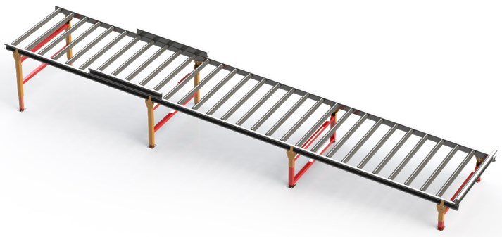 Esteira transportadora para retorno dos pallets vazios, composta por roletes Livres. Movidos por gravidade ou condução manual Esteira transportadora para retorno dos pallets vazios, composta por roletes Livres. Movidos por gravidade ou condução manual