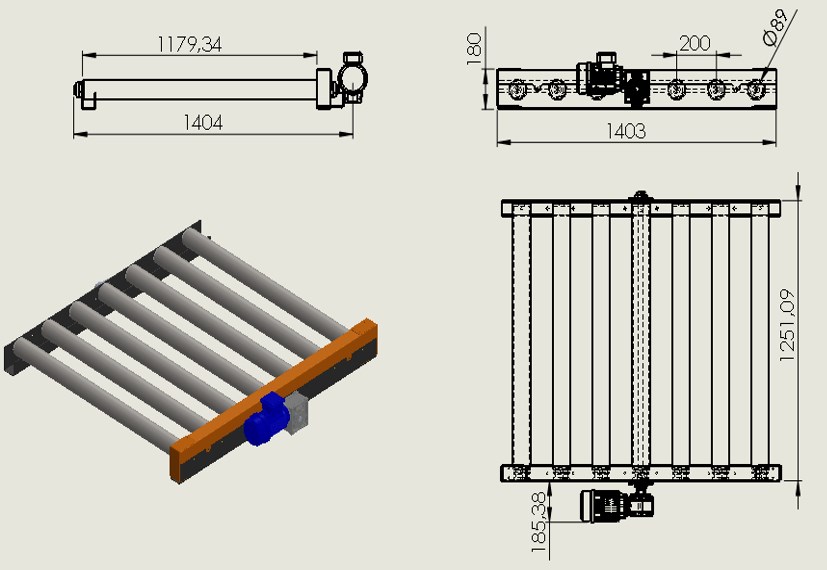 Esteira de Roletes Tracionados 02 – 1400 x 1150: Esteira transportadora, instalada sobre a plataforma hidráulica, para elevação do pallet. Composta por roletes tracionados