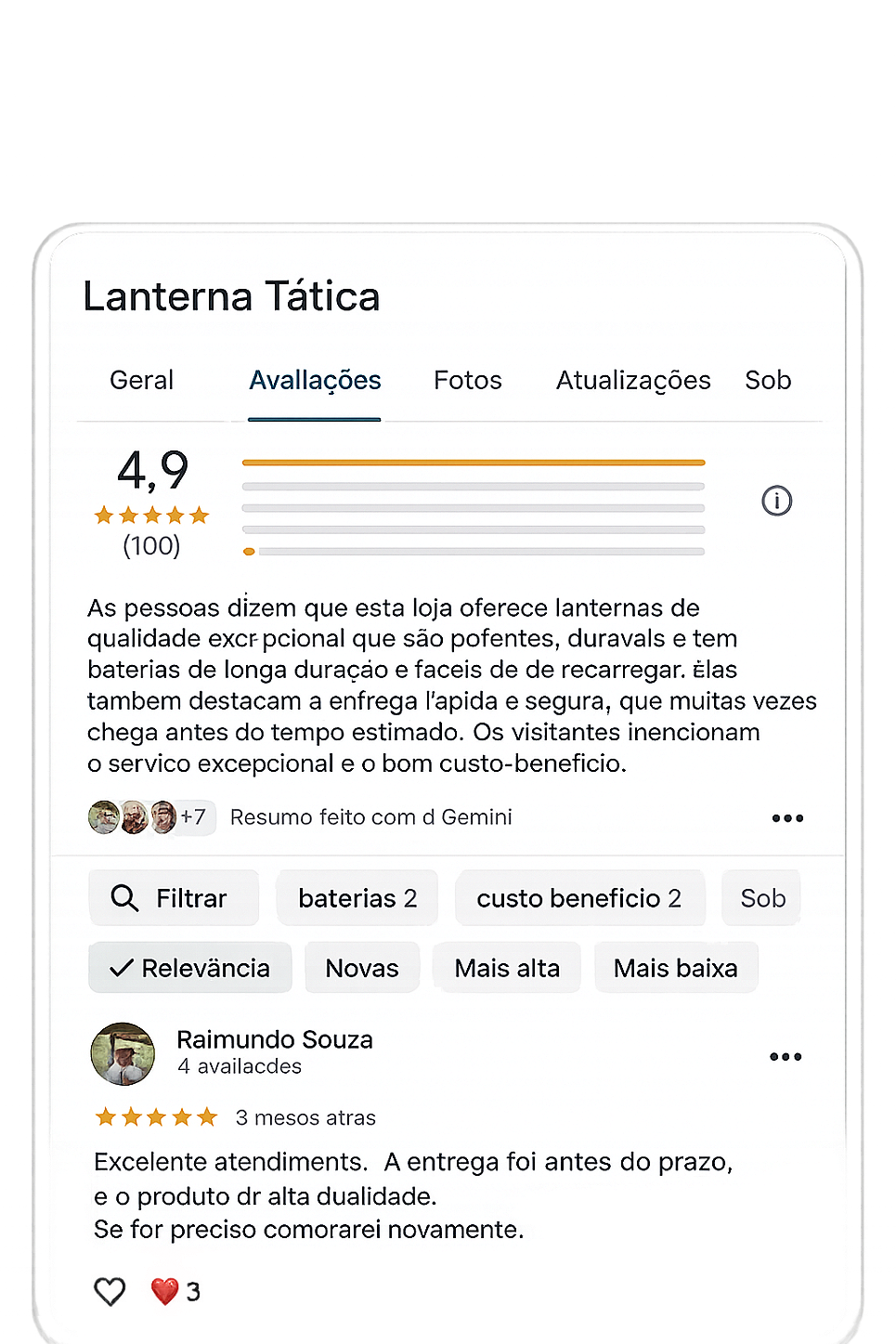 100 avaliações Google 4,9 estrelas — Lanterna Tática