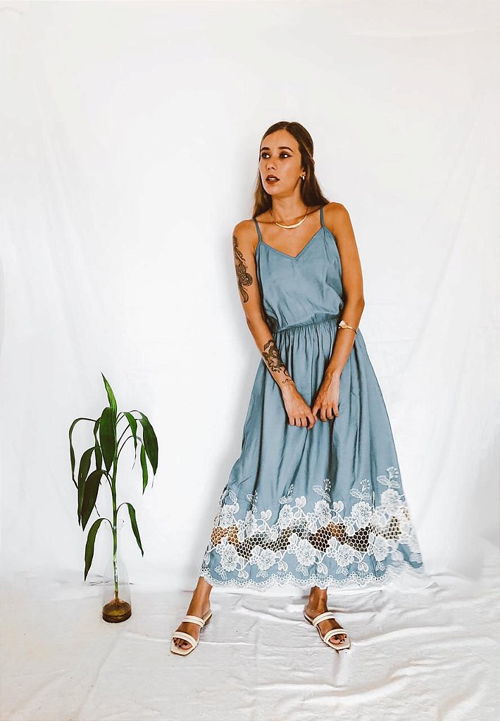 DIVINA PELE: VESTIDO AZUL CINTO RENDA BARRA - Divina Pele - WEDRESS - Sua  loja online de vestidos
