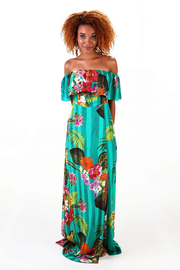 vestido verde floral longo
