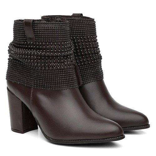 Bota Couro Malha Metal Lisa Bico Redondo Cano Curto Salto Baixo