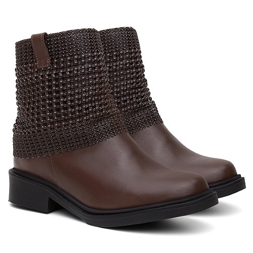 Bota Couro Malha Metal Black Lisa Bico Fino Cano Curto Salto
