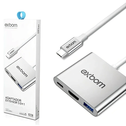 Adaptador Extensor 3 em 1 Exbom - Tipo C para HD vídeo / USB 3.0 /  PD