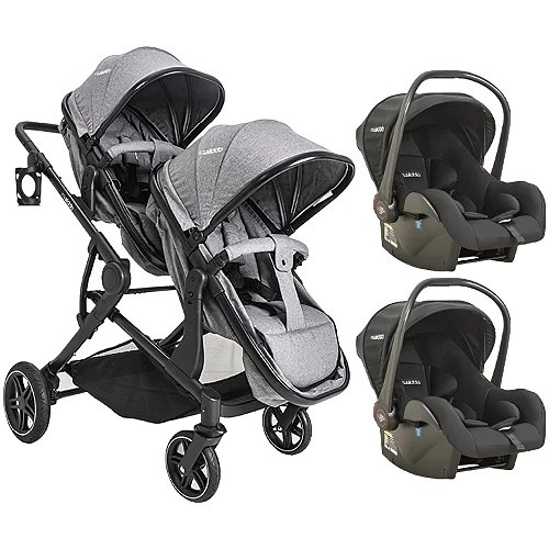 Carrinho de Bebê Para 2 Crianças + 2 Bebê Conforto Pair Melange Cinza - Kiddo