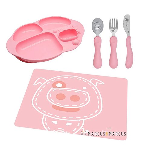 Kit Alimentação Prato com Divisórias, Jogo de Talheres Anatômicos e Jogo Americano Rosa - Marcus & Marcus