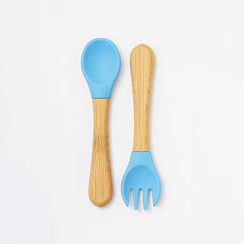 Kit de Talheres Infantil em Bambu e Silicone Azul – Petit Piá