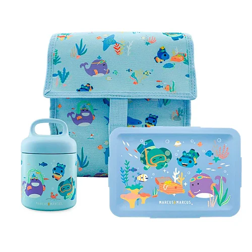 Kit Lancheira, Pote Térmico e Bento Box Sealife Azul Marcus & Marcus