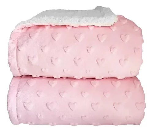Cobertor Bebê Plush com Sherpa Hearts 0,90 x 1,10 Rosa