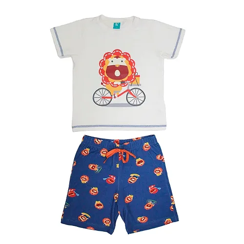 Pijama Infantil Manga Curta Branco/Azul Leão Marcus Marckids
