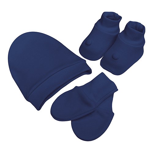 Kit Touca, Luva e Sapatinho RN Laço Bebê Bamboo - Azul Marinho