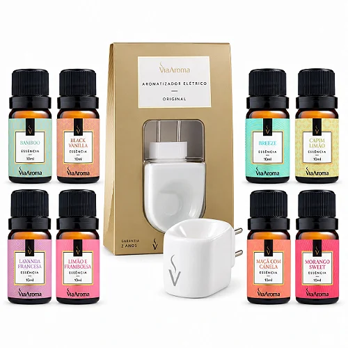 Combo Aromatizador Elétrico Via Aroma Branco + 8 Essências 10 ml