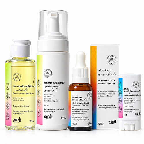 Kit Skincare Facial Natural Completo Verdi Natural – Limpeza, Vitamina C e Balm