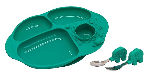 Kit Alimentação Prato com Divisórias e Sucção e Talheres Elefante - Marcus & Marcus