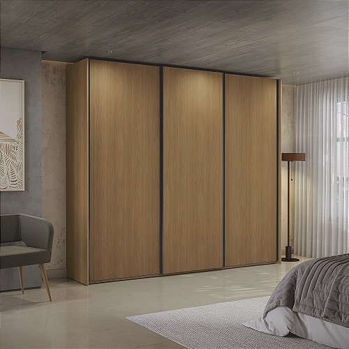 Roupeiro 260cm 03 Portas de Correr 04 Gavetas - Ref. T582 - Canela