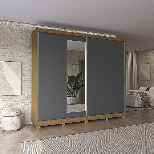 Roupeiro 270cm 02 Portas de Correr 04 Gavetas c/ Pés e Espelhos