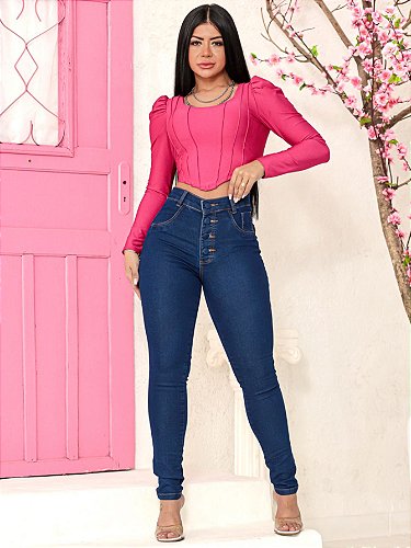 Calça jeans feminina skinny azul escura básica lisa - HR Rihanna
