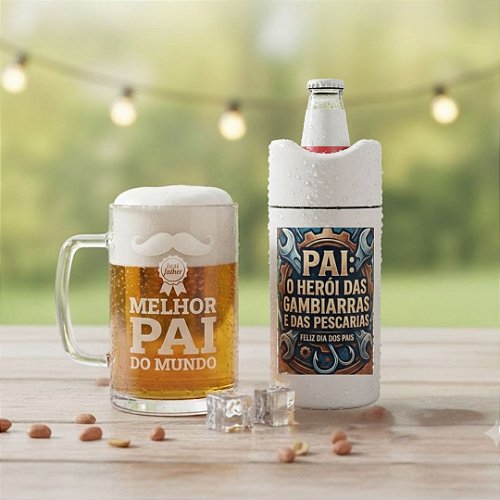 Kit Cheers 4 Peças – Caneca Chopp, Porta Latão, Pilão e Abridor