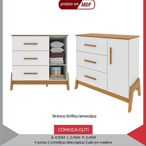 COMODA GUTI RETRO 4 PTS LISA — BRANCO BRILHO/AMENDOA
