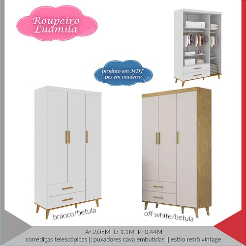 ROUPEIRO LUDMILA 3 PORTAS — BRANCO C/ BETULA