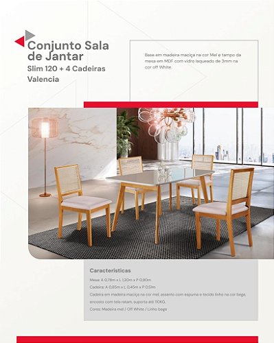 Conjunto de Jantar Slim 1,20 m com 4 Cadeiras Valencia