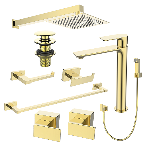 Kit 9 Peças Com Bica Baixa Mykonos Gold Champagne - Jiwi - Kitbaco