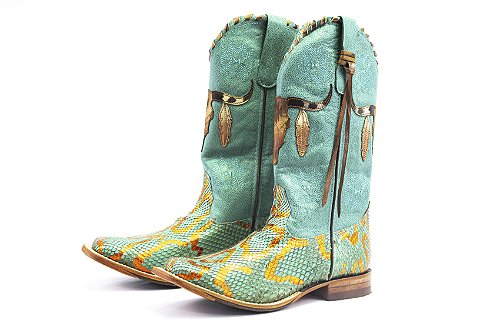 Bota Feminina Goyazes Exótica - Cobra Phyton Azul Dourado - Couro Dolphin Verde - Couro