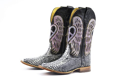 Bota Feminina Goyazes Exótica - Cobra Phyton Ouro Multi Coller - Couro Mustang Preto - Couro