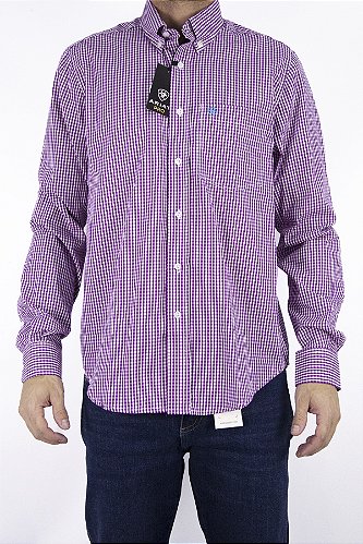 Camisa Masculina Ariat Manga Longa Xadrez Pequeno Vinho Bordado Azul