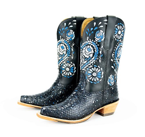 Bota Feminina Goyazes - Bico fino/ Cano médio/alto/ Solado couro/ Cor Cobra Pyton Estrelado - 256802 cc