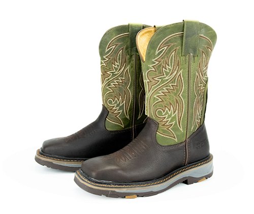 Bota Masculina Goyazes Cano Médio - Bico Quadrado, Solado Work, Cor Pit Stop Café / Dallas Folha