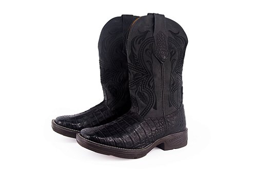 Bota Masculina Goyazes Exótica - Couro Exótico Jacaré Barriga/ Solado Jump/ Bico Quadrado/ Cano Médio/ Cor Barriga Preta/ Dallas Marinho