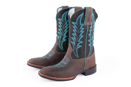 Bota Feminina Austin Solado Flex/ Bico Quadrado/ Cor Tabaco/ Preto/ Bordado Turquesa