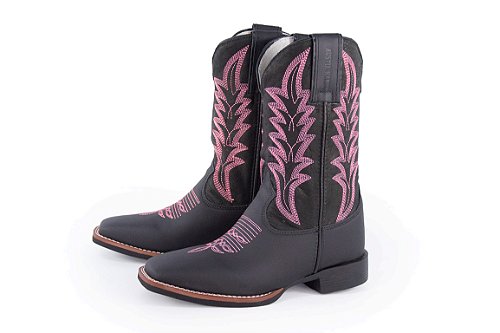Bota Feminina Austin Solado Flex/ Bico Quadrado/ Cor Preto/ Preto Bordado Rosa