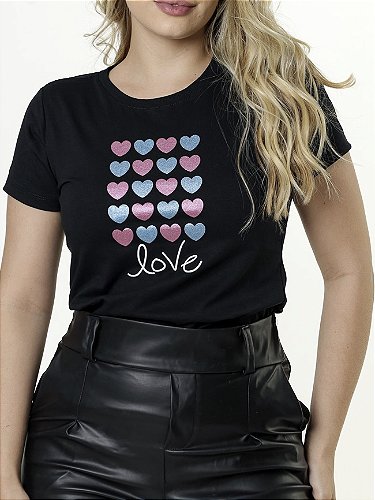 T-SHIRT PURE LOVE STRASS - PRETO, Atacado Tshirt