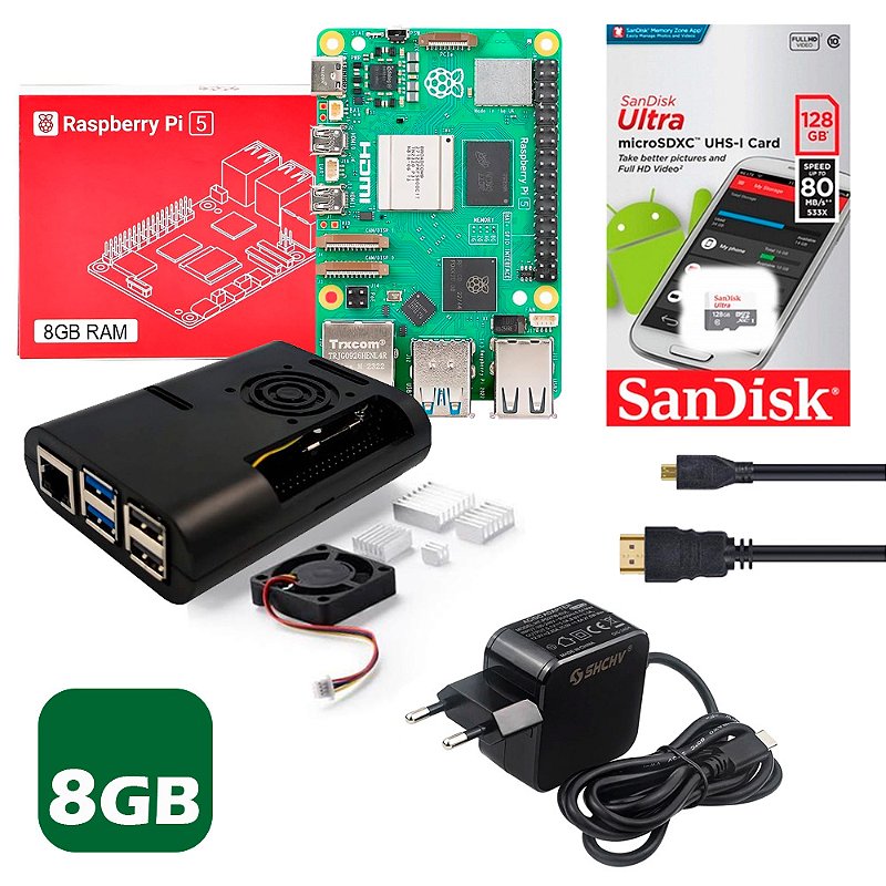 Kit Raspberry Pi 5 8GB MicroSD 128GB Fonte Case Cooler Microhdmi