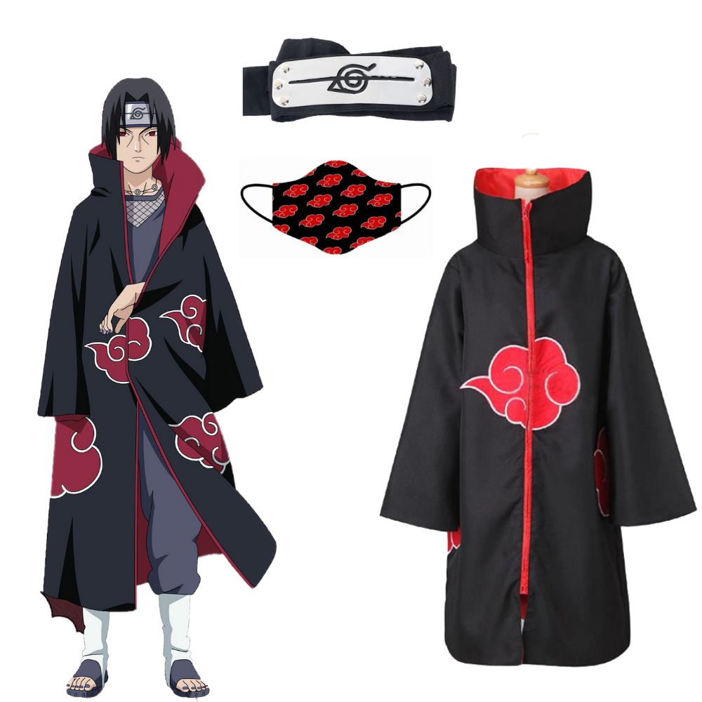 Kit Akatsuki Capa + Máscara Proteção + Bandana Itachi Uchiha - Amo Kigurumi