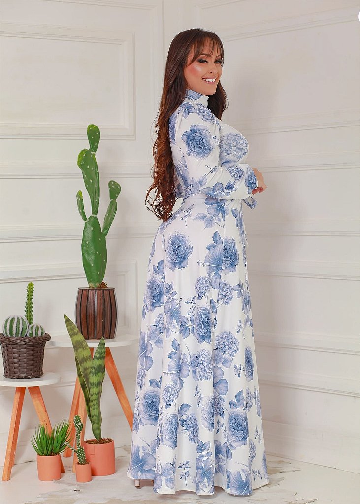 Vestido Longo Azul e Branco Floral em Suplex Soft - Flor de Amêndoa - Moda  Cristã | Moda Evangélica - Loja Flor de Amêndoa