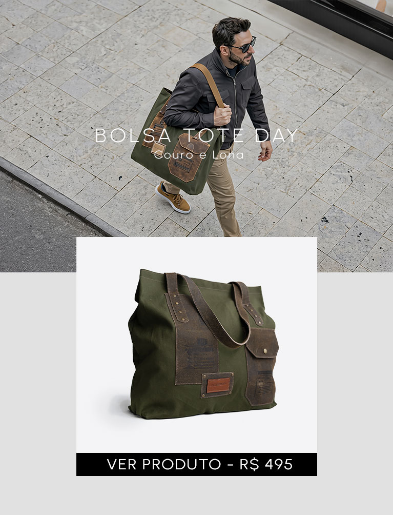 Bolsa Tote Day masculina em couro e lona para mobile
