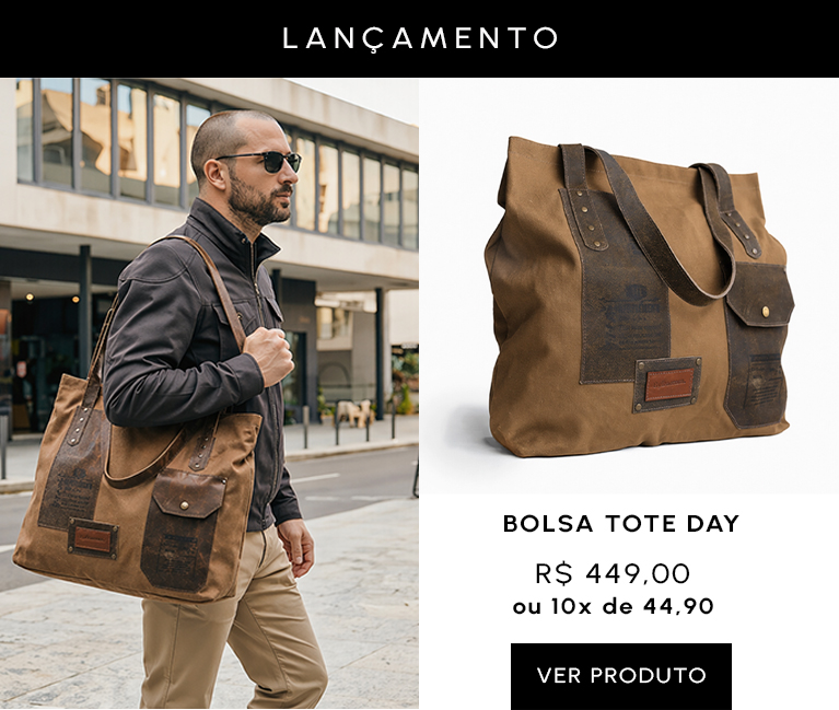 Bolsa Tote Masculina Day em couro legítimo e lona premium para mobile