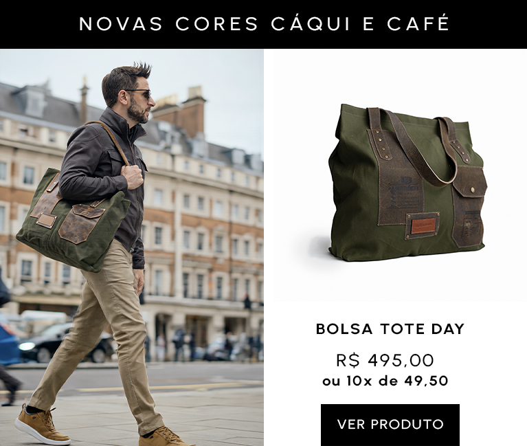 Bolsa Tote Masculina Day em couro legítimo e lona premium
